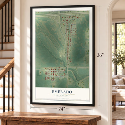 Emerado, North Dakota map, 24 x 36 inch print in a black frame by a staircase