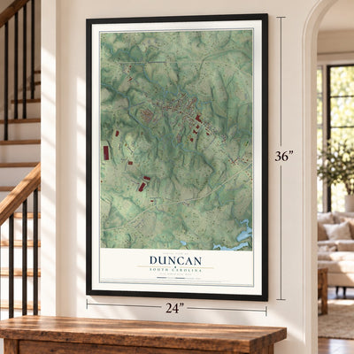 Duncan, South Carolina map, 24 x 36 inch print in a black frame by a staircase