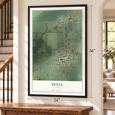 Xenia, Illinois map, 24 x 36 inch print in a black frame by a staircase