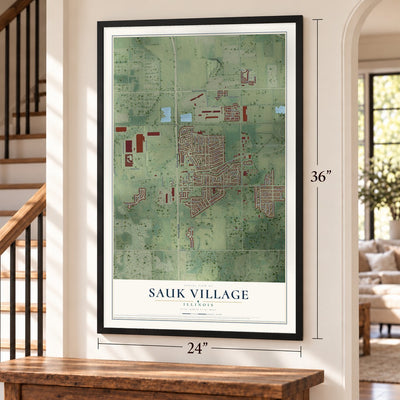 Sauk Village, Illinois map, 24 x 36 inch print in a black frame by a staircase