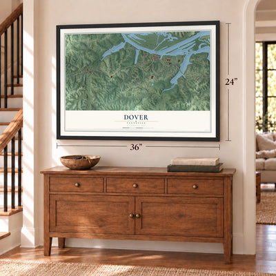 Dover, Tennessee map, 24 x 36 inch print in a black frame above a dresser by a staircase