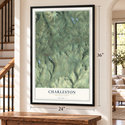 Charleston, Pennsylvania map, 24 x 36 inch print in a black frame by a staircase