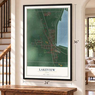 Lakeview, Ohio map, 24 x 36 inch print in a black frame by a staircase