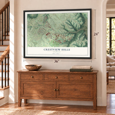 Crestview Hills, Kentucky map, 24 x 36 inch print in a black frame above a dresser by a staircase