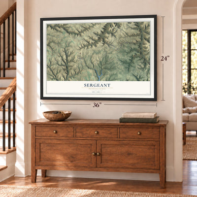 Sergeant, Pennsylvania map, 24 x 36 inch print in a black frame above a dresser by a staircase