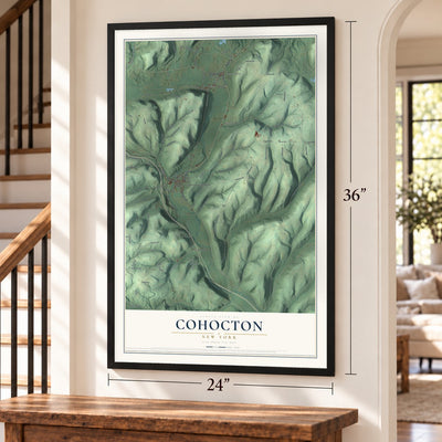 Cohocton, New York map, 24 x 36 inch print in a black frame by a staircase
