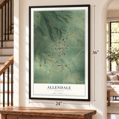 Allendale, Missouri map, 24 x 36 inch print in a black frame by a staircase
