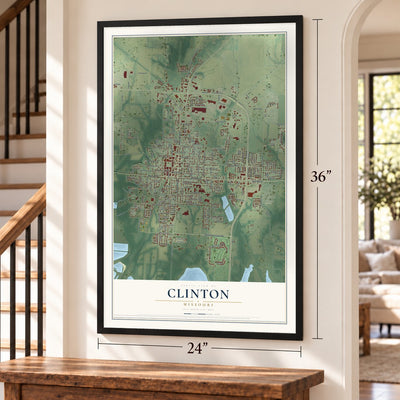 Clinton, Missouri map, 24 x 36 inch print in a black frame by a staircase