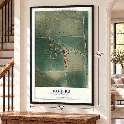 Rogers, North Dakota map, 24 x 36 inch print in a black frame by a staircase