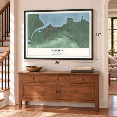 Polson, Montana map, 24 x 36 inch print in a black frame above a dresser by a staircase