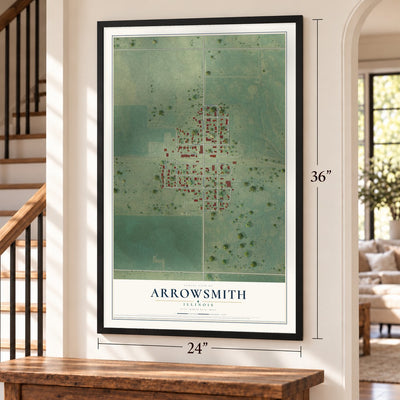 Arrowsmith, Illinois map, 24 x 36 inch print in a black frame by a staircase