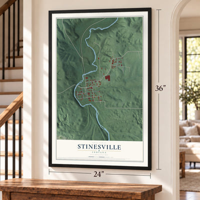 Stinesville, Indiana map, 24 x 36 inch print in a black frame by a staircase