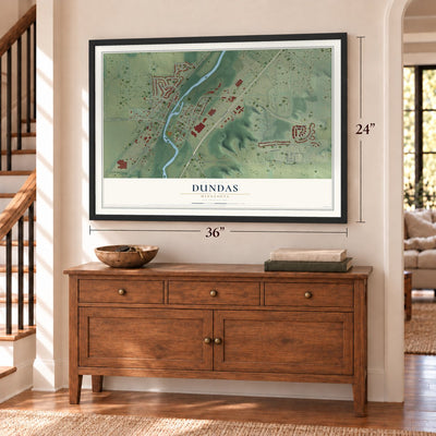 Dundas, Minnesota map, 24 x 36 inch print in a black frame above a dresser by a staircase