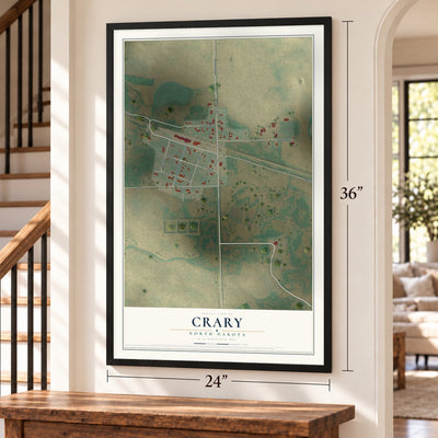 Crary, North Dakota map, 24 x 36 inch print in a black frame by a staircase