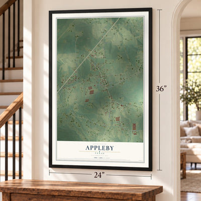 Appleby, Texas map, 24 x 36 inch print in a black frame by a staircase