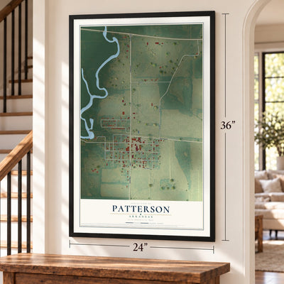 Patterson, Arkansas map, 24 x 36 inch print in a black frame by a staircase