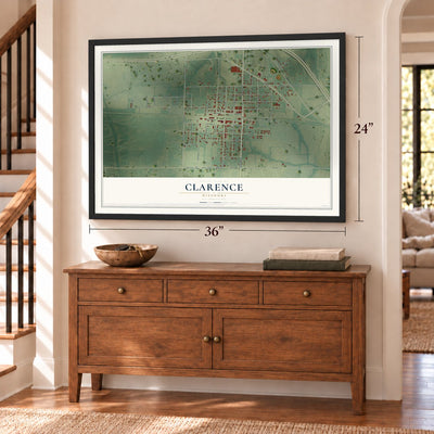 Clarence, Missouri map, 24 x 36 inch print in a black frame above a dresser by a staircase