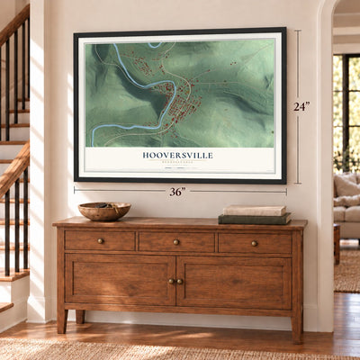 Hooversville, Pennsylvania map, 24 x 36 inch print in a black frame above a dresser by a staircase