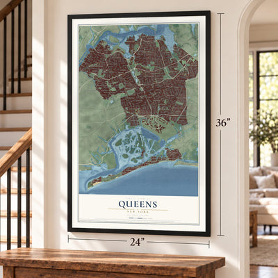 Queens, New York map, 24 x 36 inch print in a black frame by a staircase