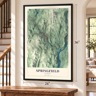 Springfield, Vermont map, 24 x 36 inch print in a black frame by a staircase