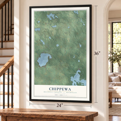 Chippewa, Mecosta County, Michigan map, 24 x 36 inch print in a black frame by a staircase