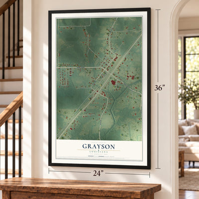 Grayson, Louisiana map, 24 x 36 inch print in a black frame by a staircase