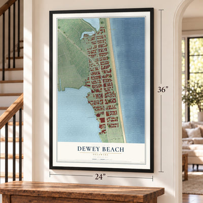 Dewey Beach, Delaware map, 24 x 36 inch print in a black frame by a staircase