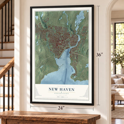 New Haven, Connecticut map, 24 x 36 inch print in a black frame by a staircase