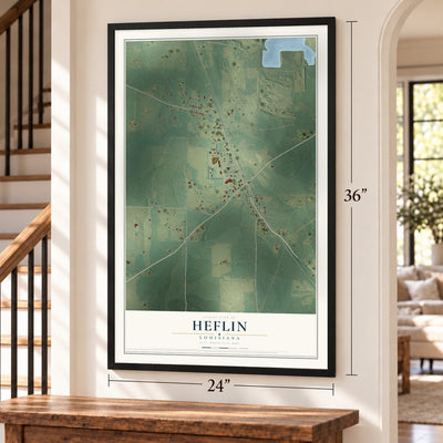 Heflin, Louisiana map, 24 x 36 inch print in a black frame by a staircase