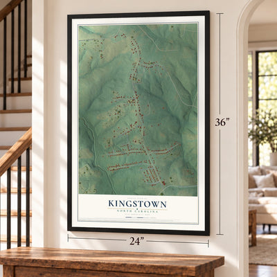 Kingstown, North Carolina map, 24 x 36 inch print in a black frame by a staircase