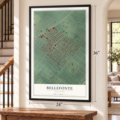 Bellefonte, Delaware map, 24 x 36 inch print in a black frame by a staircase