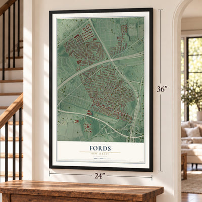 Fords, New Jersey map, 24 x 36 inch print in a black frame by a staircase