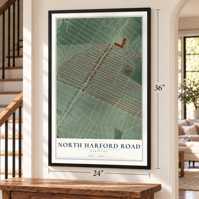 North Harford Road, Maryland map, 24 x 36 inch print in a black frame by a staircase