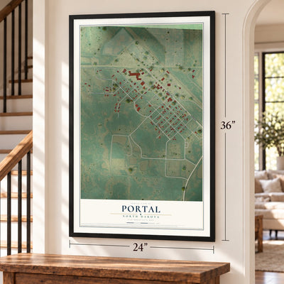 Portal, North Dakota map, 24 x 36 inch print in a black frame by a staircase
