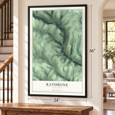 Rathbone, New York map, 24 x 36 inch print in a black frame by a staircase