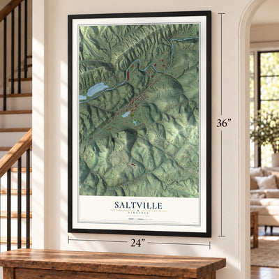 Saltville, Virginia map, 24 x 36 inch print in a black frame by a staircase