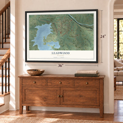 Leadwood, Missouri map, 24 x 36 inch print in a black frame above a dresser by a staircase