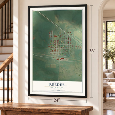 Reeder, North Dakota map, 24 x 36 inch print in a black frame by a staircase