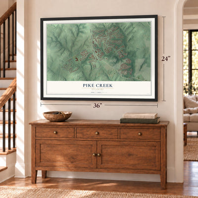Pike Creek, Delaware map, 24 x 36 inch print in a black frame above a dresser by a staircase