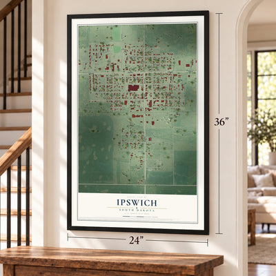 Ipswich, South Dakota map, 24 x 36 inch print in a black frame by a staircase