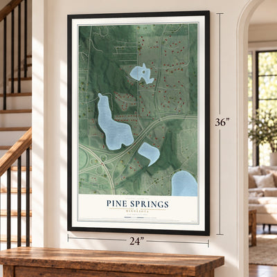 Pine Springs, Minnesota map, 24 x 36 inch print in a black frame by a staircase