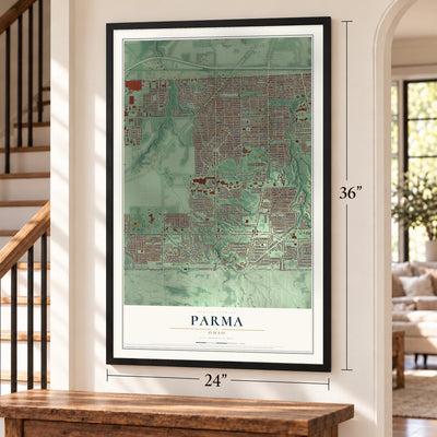 Parma, Ohio map, 24 x 36 inch print in a black frame by a staircase