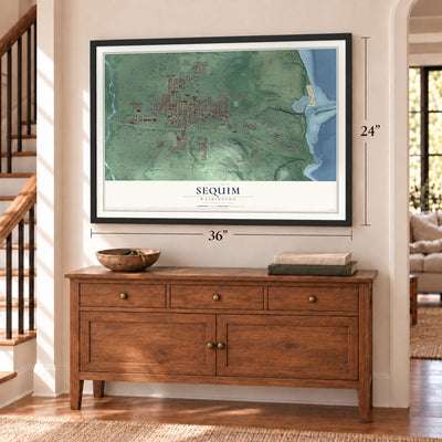 Sequim, Washington map, 24 x 36 inch print in a black frame above a dresser by a staircase