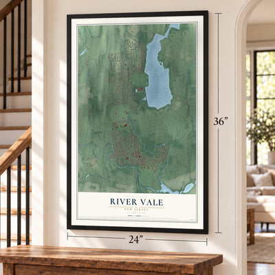 River Vale, New Jersey map, 24 x 36 inch print in a black frame by a staircase