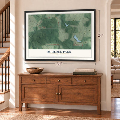 Boulder Park, Georgia map, 24 x 36 inch print in a black frame above a dresser by a staircase