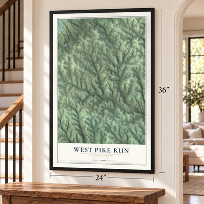 West Pike Run, Pennsylvania map, 24 x 36 inch print in a black frame by a staircase