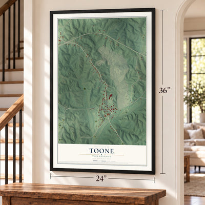 Toone, Tennessee map, 24 x 36 inch print in a black frame by a staircase