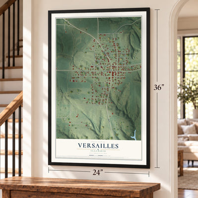 Versailles, Illinois map, 24 x 36 inch print in a black frame by a staircase