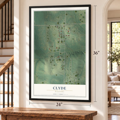 Clyde, Missouri map, 24 x 36 inch print in a black frame by a staircase