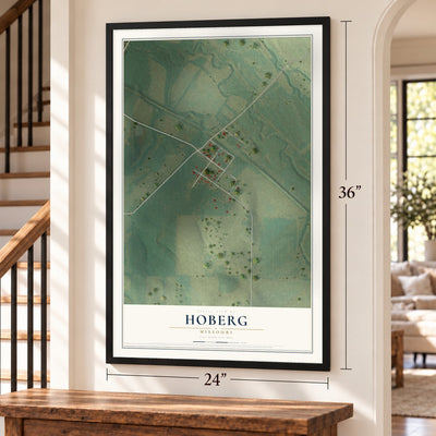 Hoberg, Missouri map, 24 x 36 inch print in a black frame by a staircase